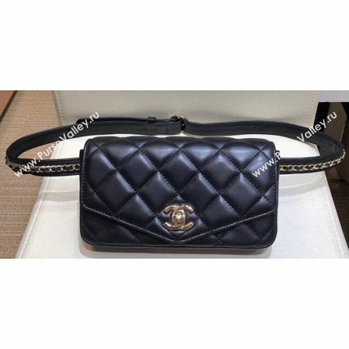 Chanel Calfskin Chain Belt Quilted Fanny Pack Waist Flap Bag AS0628 Black 2019 (smjd-9061007)