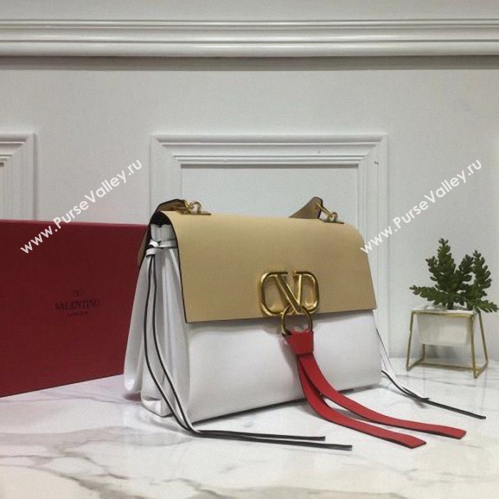 Valentino Smooth Calfskin Medium VRing Shoulder Bag Beige/White 2019 (xinyidai-9061710)