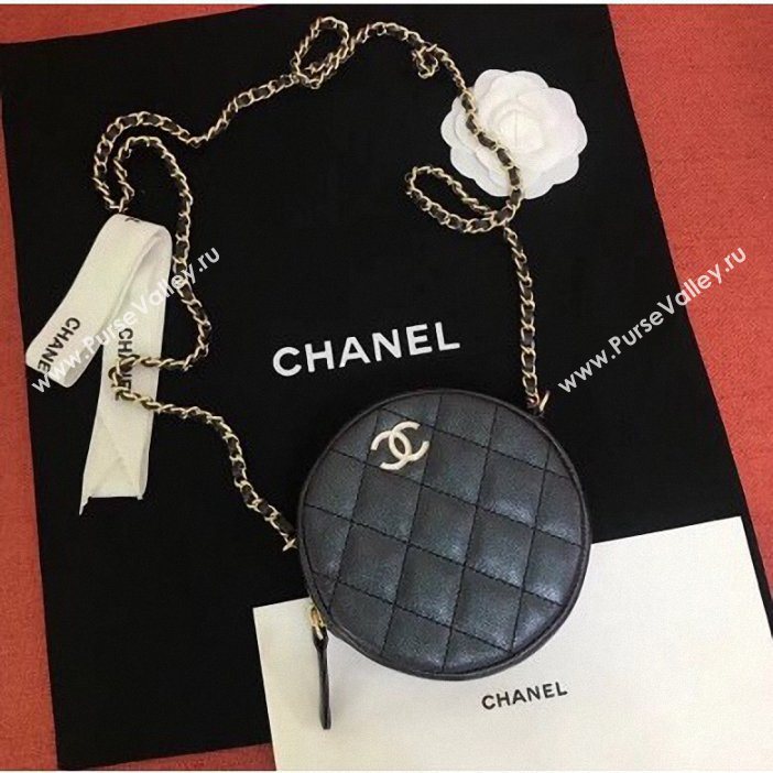 Chanel Iridescent Pearl Caviar Classic Round Clutch with Chain Bag AP0366 Black 2019 (kana-9062018)