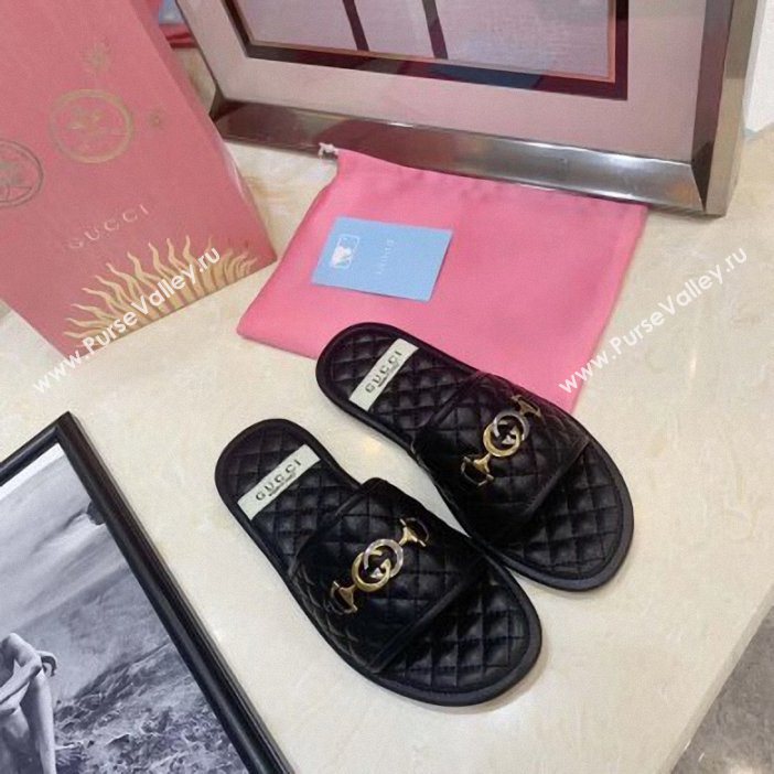 Gucci Quilted Slide Sandals with Interlocking G Horsebit 577680 Leather Black 2019 (modeng-9062425)