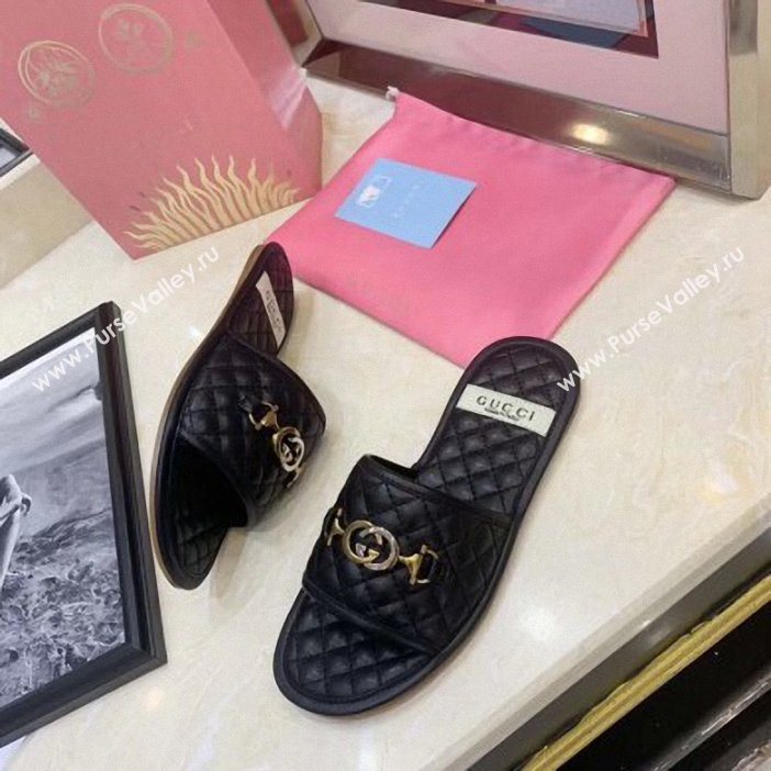 Gucci Quilted Slide Sandals with Interlocking G Horsebit 577680 Leather Black 2019 (modeng-9062425)