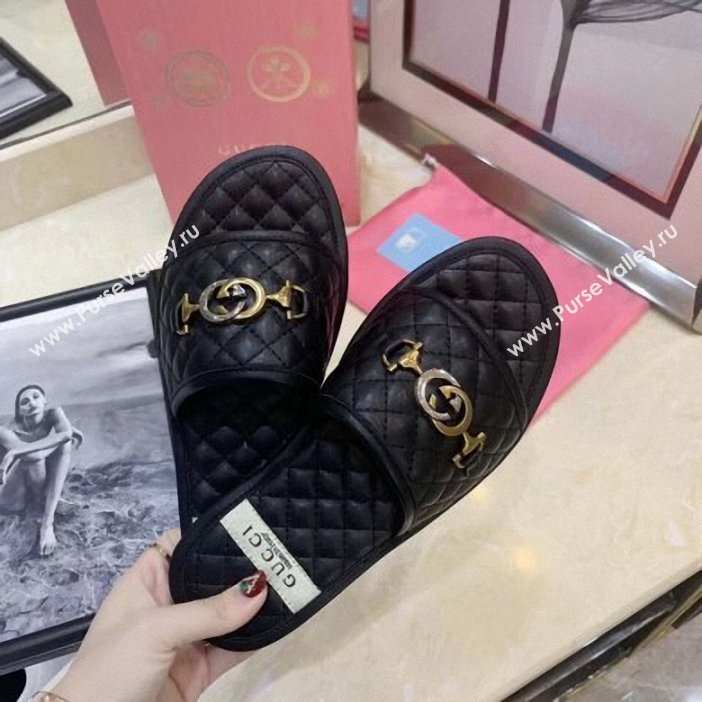 Gucci Quilted Slide Sandals with Interlocking G Horsebit 577680 Leather Black 2019 (modeng-9062425)