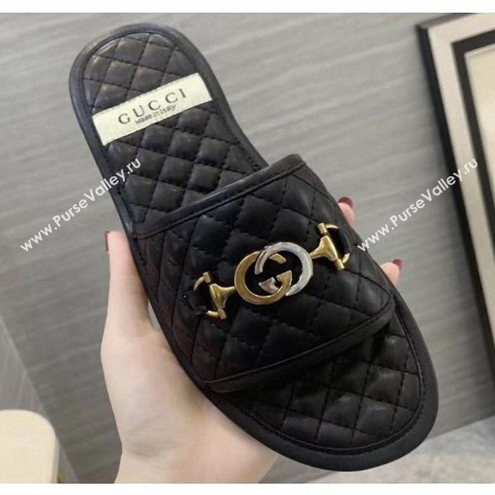 Gucci Quilted Slide Sandals with Interlocking G Horsebit 577680 Leather Black 2019 (modeng-9062425)