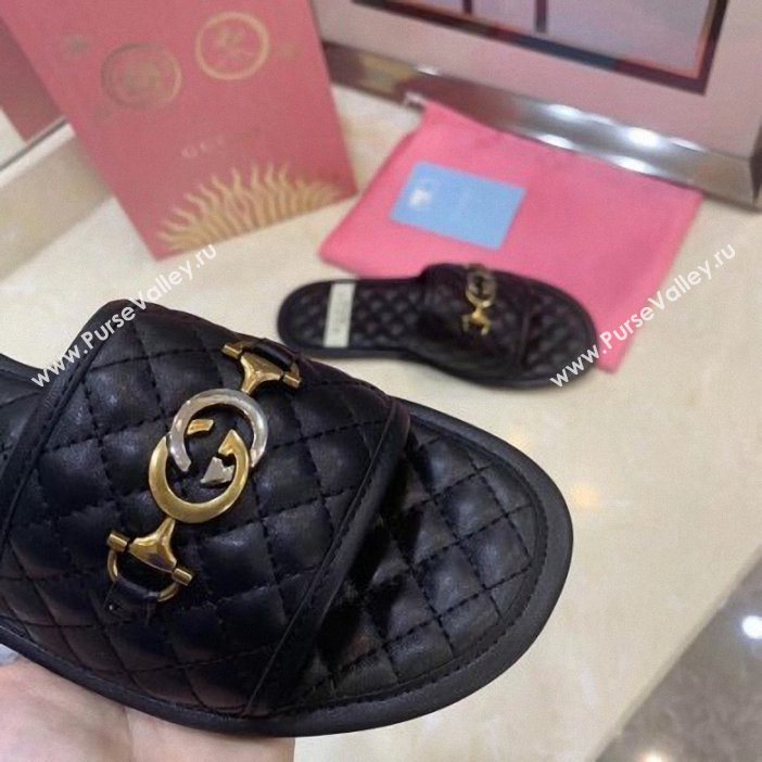 Gucci Quilted Slide Sandals with Interlocking G Horsebit 577680 Leather Black 2019 (modeng-9062425)