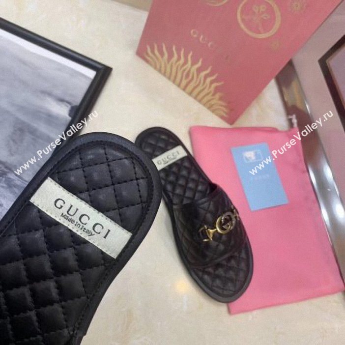 Gucci Quilted Slide Sandals with Interlocking G Horsebit 577680 Leather Black 2019 (modeng-9062425)