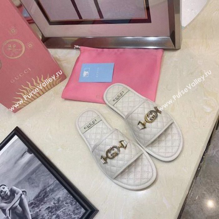 Gucci Quilted Slide Sandals with Interlocking G Horsebit 577680 Leather White 2019 (modeng-9062426)