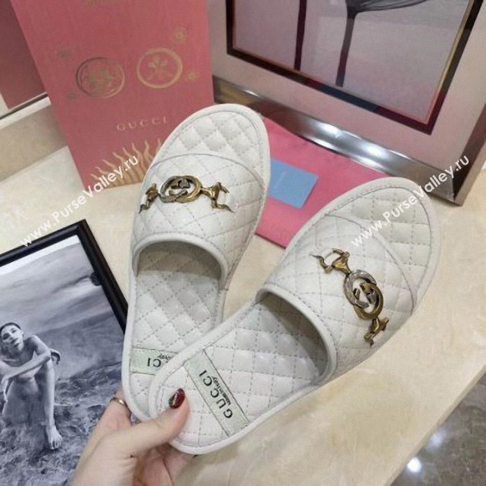 Gucci Quilted Slide Sandals with Interlocking G Horsebit 577680 Leather White 2019 (modeng-9062426)