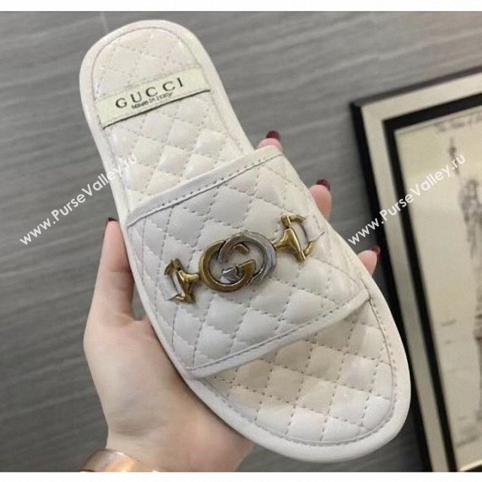 Gucci Quilted Slide Sandals with Interlocking G Horsebit 577680 Leather White 2019 (modeng-9062426)