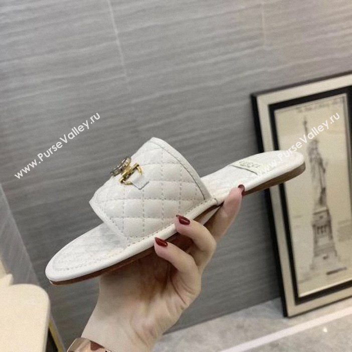 Gucci Quilted Slide Sandals with Interlocking G Horsebit 577680 Leather White 2019 (modeng-9062426)