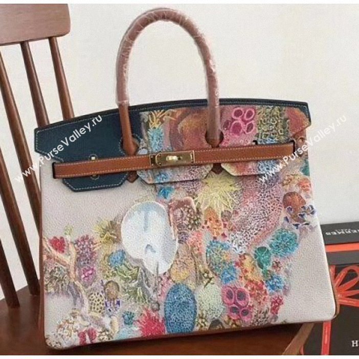 Hermes Birkin 35 Bag in Print Leather Brown/Blue (AIYUAN-9062813)