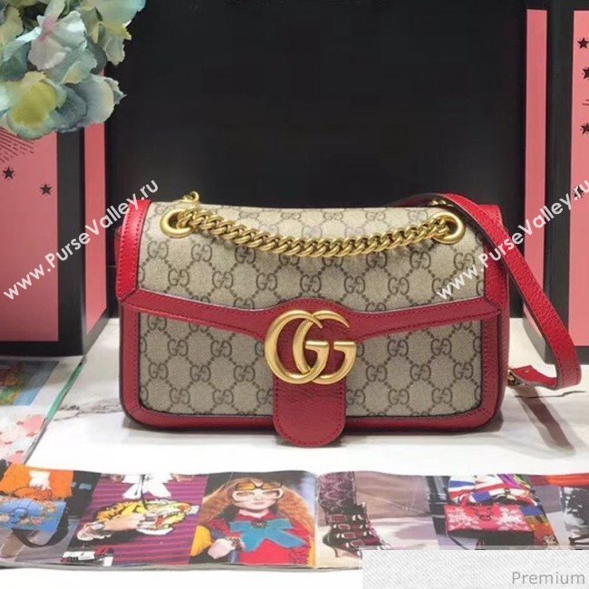 Gucci GG Leather Marmont Matelassé Shoulder Bag ‎443497 Beige/Red 2019 (JM-9032214)
