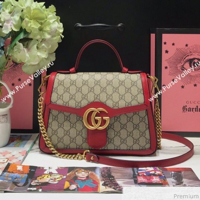 Gucci GG Leather Marmont Matelassé Small Top Handle Bag 498110 Beige/Red 2019 (JM-9032220)