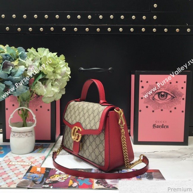 Gucci GG Leather Marmont Matelassé Small Top Handle Bag 498110 Beige/Red 2019 (JM-9032220)
