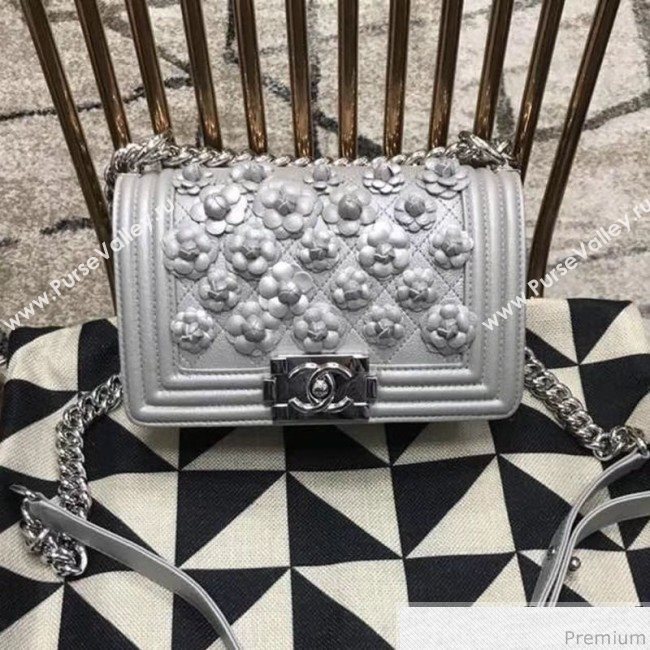 Chanel Camellia Small Boy Flap Bag A67085 Silver 2019 (JDH-9032517)