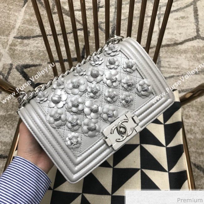 Chanel Camellia Small Boy Flap Bag A67085 Silver 2019 (JDH-9032517)