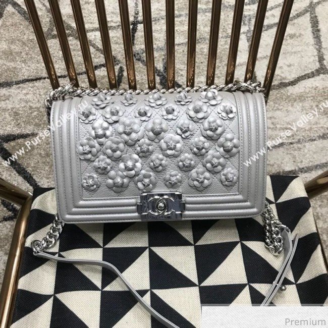 Chanel Camellia Large Boy Flap Bag A67085 Silver 2019 (JDH-9032518)