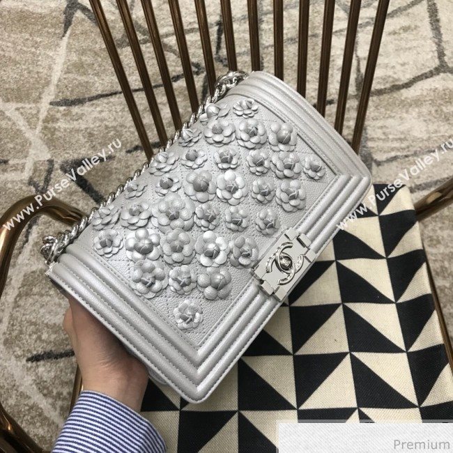 Chanel Camellia Large Boy Flap Bag A67085 Silver 2019 (JDH-9032518)