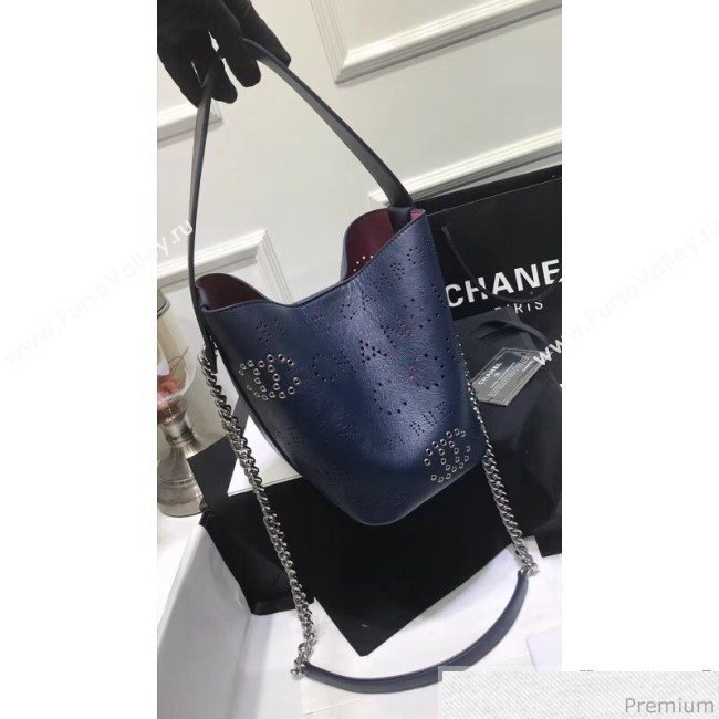 Chanel Eyelet Calfskin Drawstring Bucket Bag AS0304 Blue 2019 (XIN-9032609)