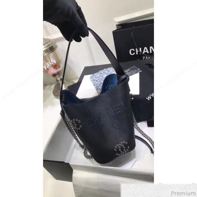 Chanel Eyelet Calfskin Drawstring Bucket Bag AS0304 Black 2019 (XIN-9032611)