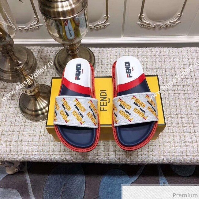 Fendi Flat Satin Slide Sandals in Embroidered Canvas and Lambskin White 2019 (ANDI-9032005)