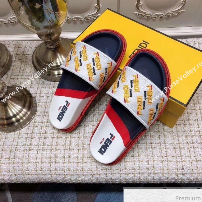 Fendi Flat Satin Slide Sandals in Embroidered Canvas and Lambskin White 2019 (ANDI-9032005)