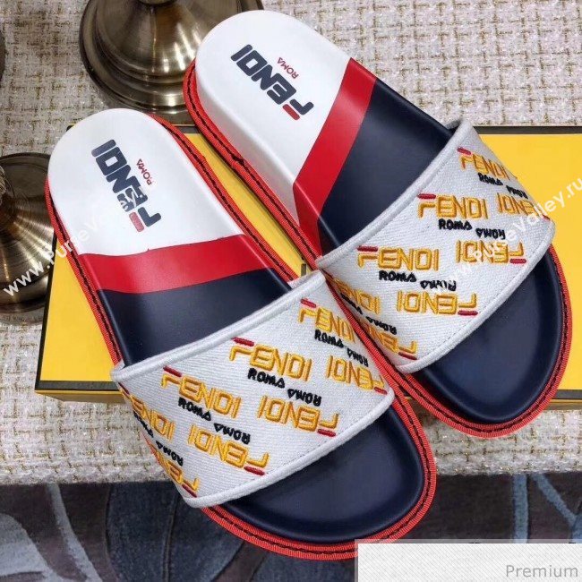 Fendi Flat Satin Slide Sandals in Embroidered Canvas and Lambskin White 2019 (ANDI-9032005)