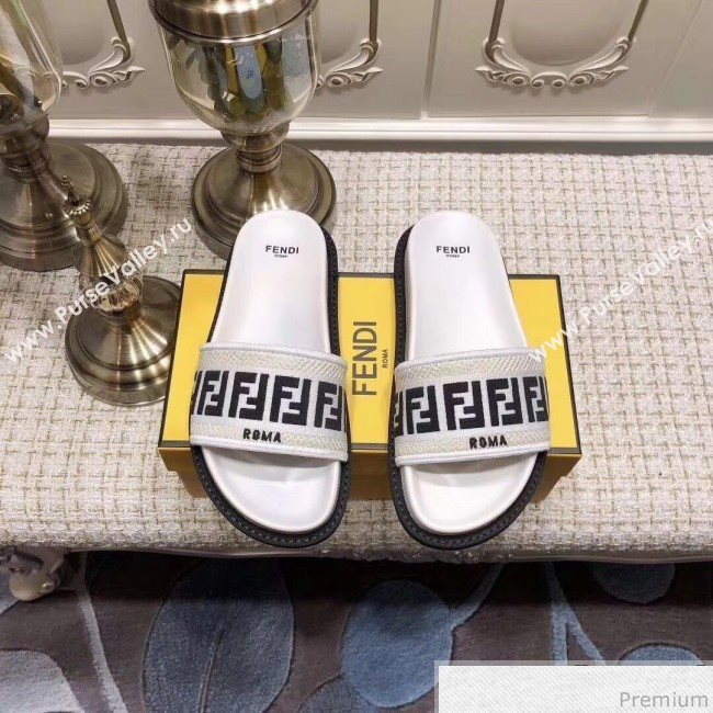 Fendi Flat Satin Slide Sandals in FF Embroidered Canvas and Lambskin Black/White 2019 (ANDI-9032007)