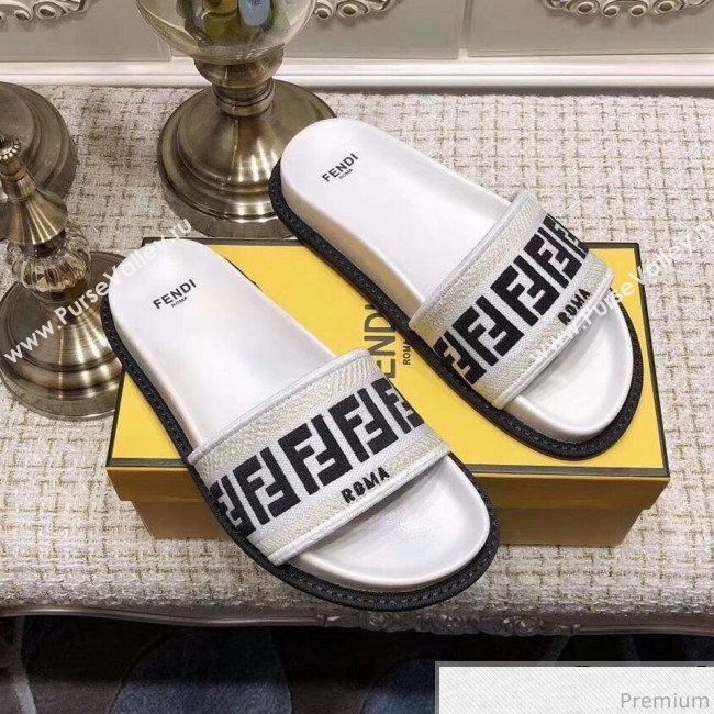 Fendi Flat Satin Slide Sandals in FF Embroidered Canvas and Lambskin Black/White 2019 (ANDI-9032007)