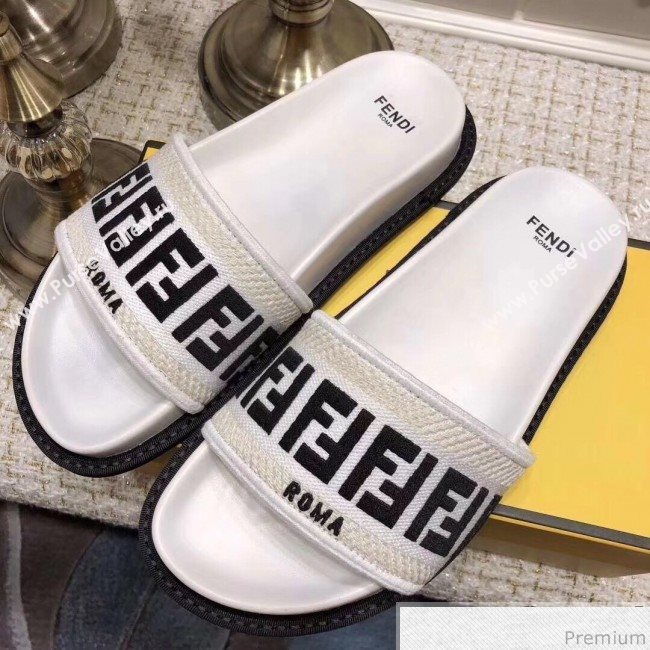 Fendi Flat Satin Slide Sandals in FF Embroidered Canvas and Lambskin Black/White 2019 (ANDI-9032007)