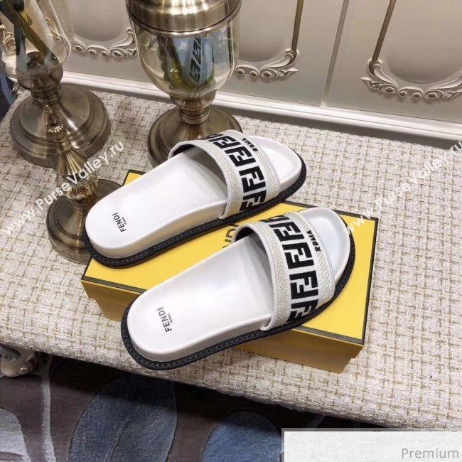 Fendi Flat Satin Slide Sandals in FF Embroidered Canvas and Lambskin Black/White 2019 (ANDI-9032007)