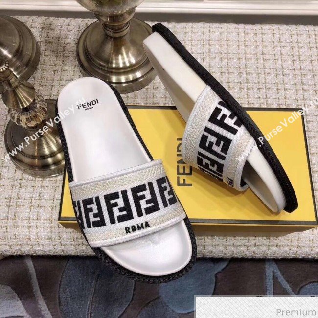 Fendi Flat Satin Slide Sandals in FF Embroidered Canvas and Lambskin Black/White 2019 (ANDI-9032007)