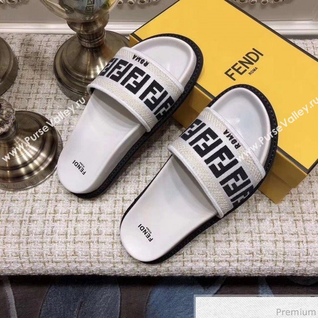 Fendi Flat Satin Slide Sandals in FF Embroidered Canvas and Lambskin Black/White 2019 (ANDI-9032007)