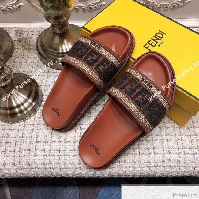 Fendi Flat Satin Slide Sandals in FF Embroidered Canvas and Lambskin Coffee 2019 (ANDI-9032008)