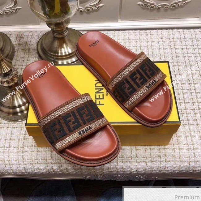 Fendi Flat Satin Slide Sandals in FF Embroidered Canvas and Lambskin Coffee 2019 (ANDI-9032008)