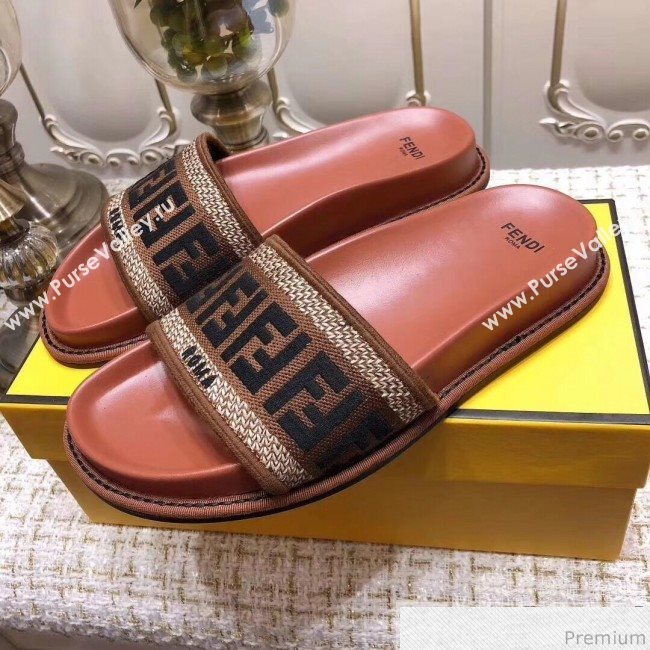 Fendi Flat Satin Slide Sandals in FF Embroidered Canvas and Lambskin Coffee 2019 (ANDI-9032008)