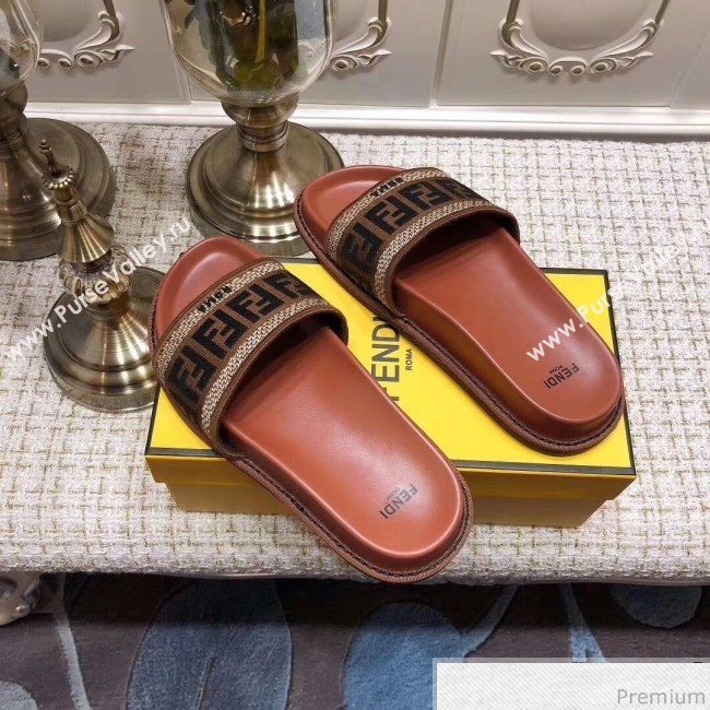 Fendi Flat Satin Slide Sandals in FF Embroidered Canvas and Lambskin Coffee 2019 (ANDI-9032008)