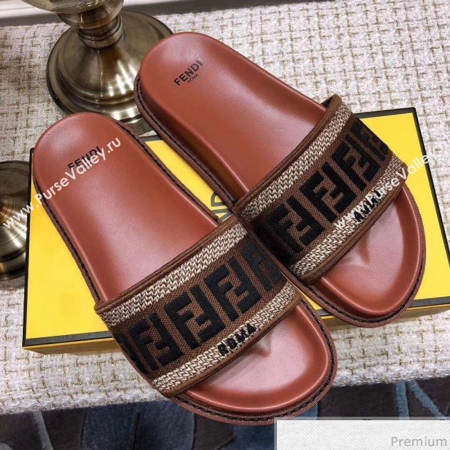 Fendi Flat Satin Slide Sandals in FF Embroidered Canvas and Lambskin Coffee 2019 (ANDI-9032008)