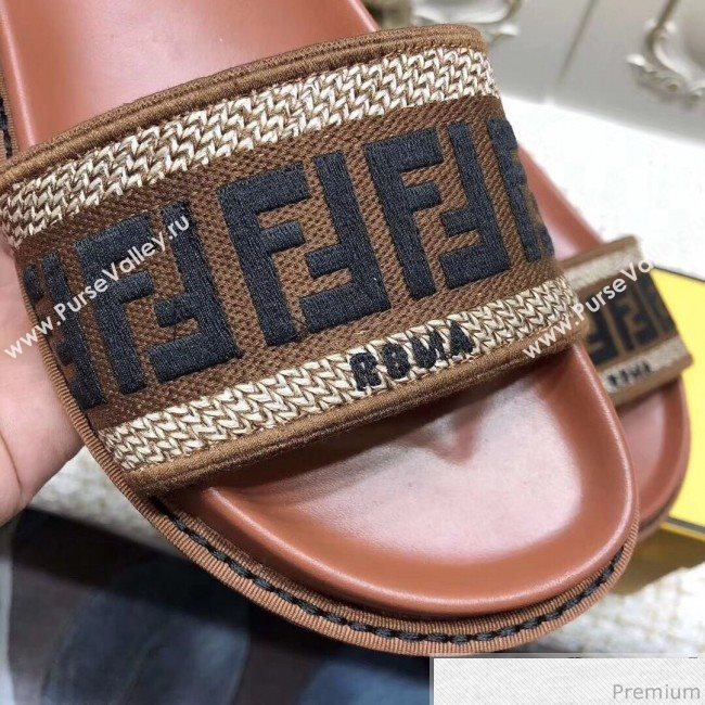 Fendi Flat Satin Slide Sandals in FF Embroidered Canvas and Lambskin Coffee 2019 (ANDI-9032008)