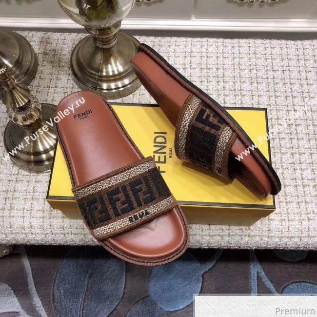 Fendi Flat Satin Slide Sandals in FF Embroidered Canvas and Lambskin Coffee 2019 (ANDI-9032008)