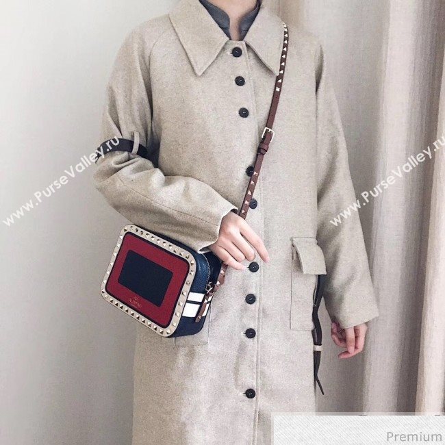 Valentino Rockstud Spike Camera Shoulder Bag in Patchwork Leather Red/Blue 2018 (JJ3-9032701)