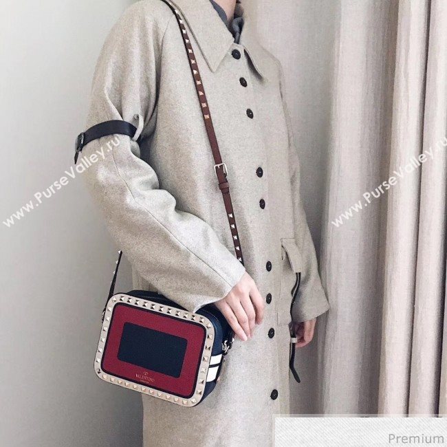 Valentino Rockstud Spike Camera Shoulder Bag in Patchwork Leather Red/Blue 2018 (JJ3-9032701)