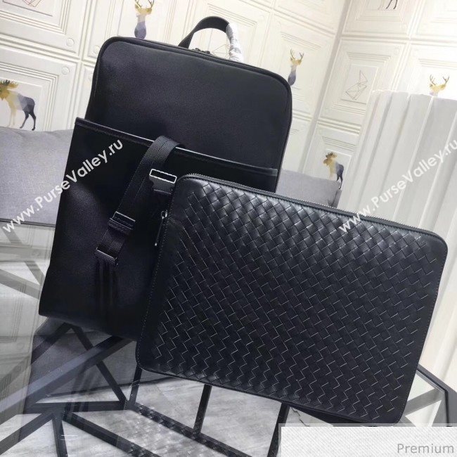Bottega Veneta Mens Intreccio Leather and Fabric Backpack with Detachable Clutch Black 2019 (MISU-9032741)