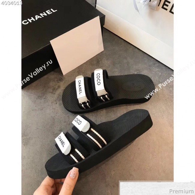 Chanel Flat Fabric Slide Mule Sandals G34729 Black/Gray 2019 (EM-9032808)