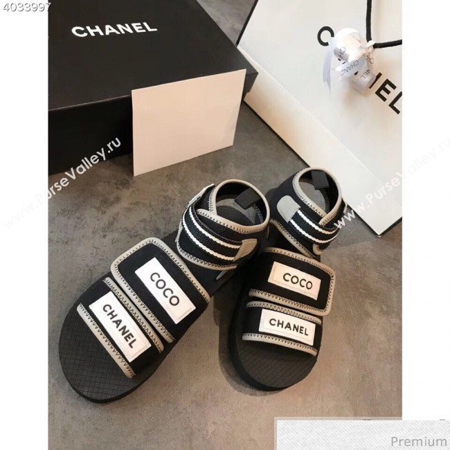 Chanel Flat Fabric Sandals G34727 Black/Gray 2019 (EM-9032809)
