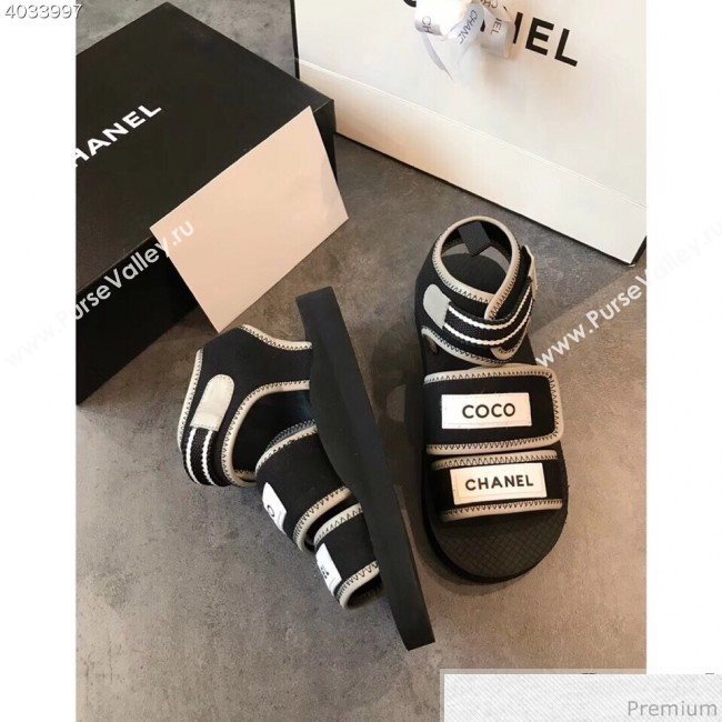 Chanel Flat Fabric Sandals G34727 Black/Gray 2019 (EM-9032809)