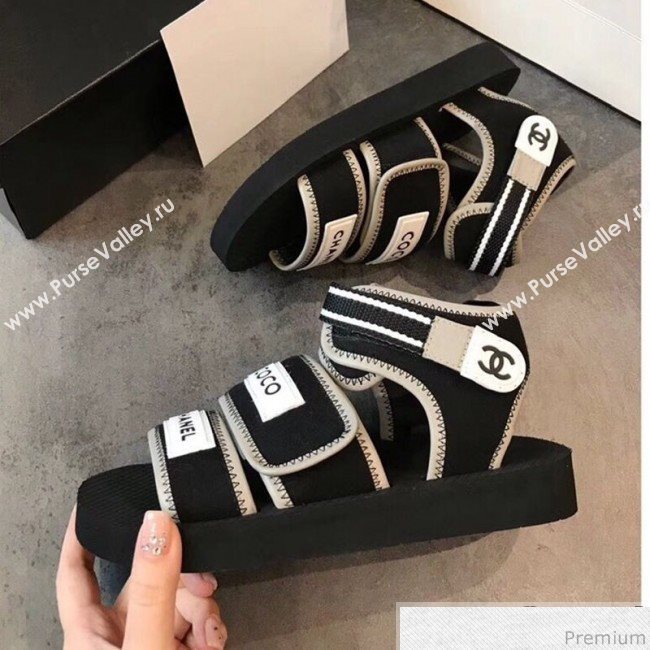 Chanel Flat Fabric Sandals G34727 Black/Gray 2019 (EM-9032809)