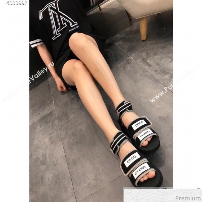 Chanel Flat Fabric Sandals G34727 Black/Gray 2019 (EM-9032809)