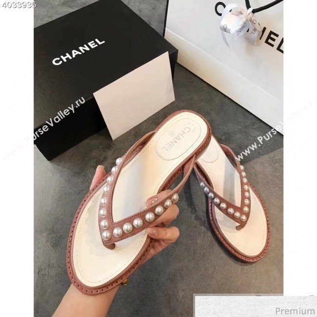 Chanel Flat Suede Pearl Slide Thong Sandal Light Pink 2019 (EM-9032810)