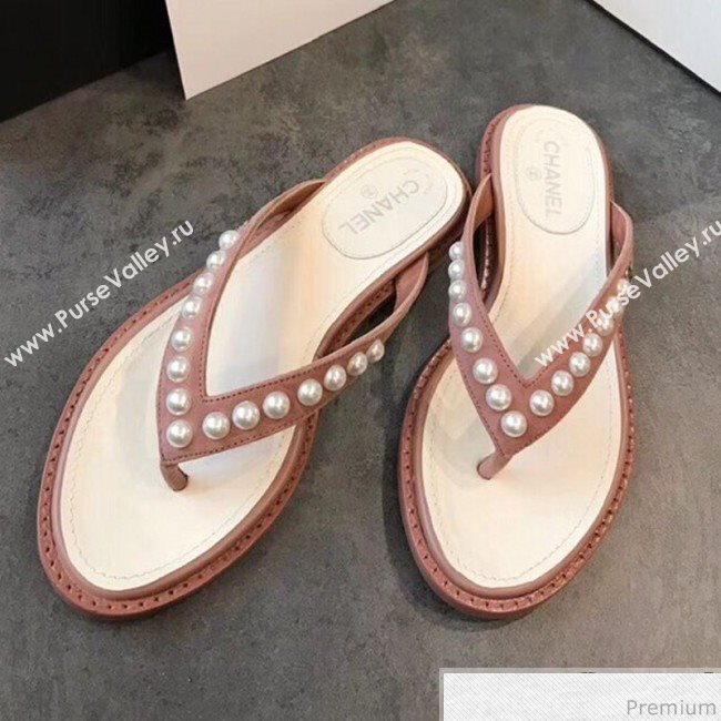Chanel Flat Suede Pearl Slide Thong Sandal Light Pink 2019 (EM-9032810)