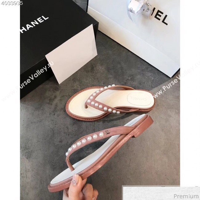 Chanel Flat Suede Pearl Slide Thong Sandal Light Pink 2019 (EM-9032810)